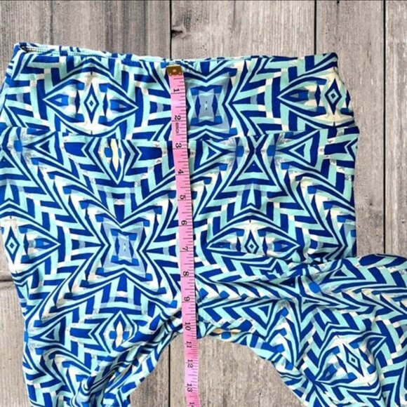 LuLaRoe Blue Geometric with Yellow Accent Lightweight Leggings Pants Women's OS - Picture 8 of 9